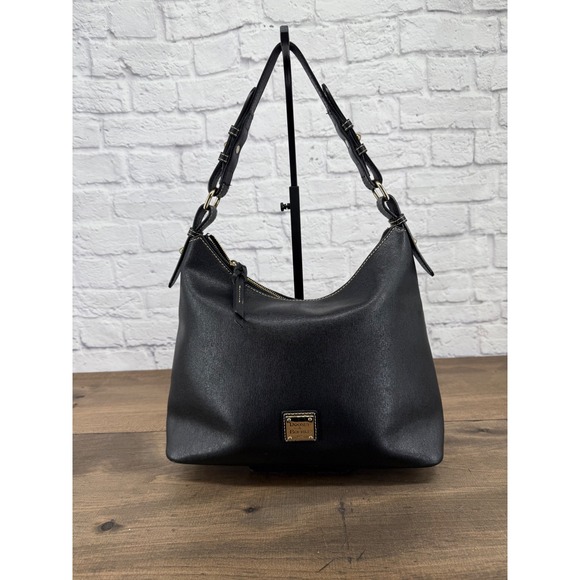 Dooney & Bourke Handbags - Dooney & Bourke Black Saffiano Leather Hobo Shoulder Bag Gold Hardware Logo